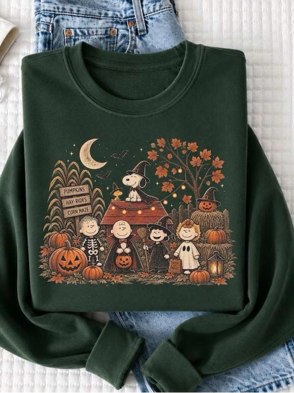Forest Green Peanuts Halloween Graphic Sweatshirt